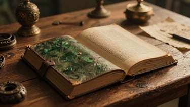 Cinematic shot of a vintage leather-bound book open on a wooden table, surrounded by subtle shamanic artifacts and ancient parchment, soft golden light, representing knowledge and study.
