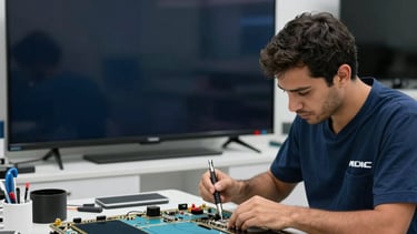 A professional technician working in a clean, modern electronics shop in the Middle Eastern / Gulf region of Dubai. The specialist is repairing a large smart television screen using precision tools. The lighting is professional and clear, with a palette featuring navy, ice blue, and gold accents. Wide shot, authentic workshop setting.