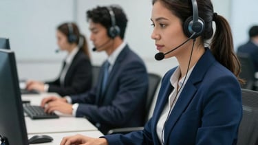 Professional South American Brazilian call center office with modern workstations, sleek headsets, and professional lighting. A clean and efficient atmosphere reflecting high-quality service, with a color palette of navy blue and pale blue, photography style.