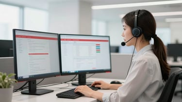 Bright corporate office interior, a professional call center agent focused on a dual-monitor dashboard, clean high-key lighting, soft red accents on the interface, shallow depth of field.