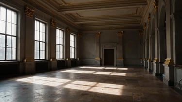 Wide shot of a grand, empty institutional hall with classical architecture, high ceilings, natural light streaming through tall windows, deep shadows, and muted gold accents. Prestigious editorial photography, dramatic natural side-lighting, 35mm.