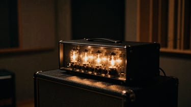Vintage tube amplifier glowing in a dark recording studio, warm low-light, high-contrast editorial style.