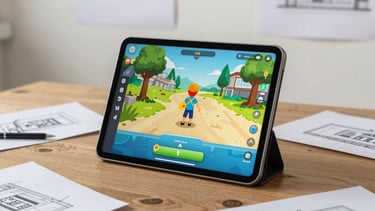 A lifestyle shot of a tablet propped up on a wooden table, displaying a playful game interface, surrounded by architectural sketches in a Ukrainian studio.