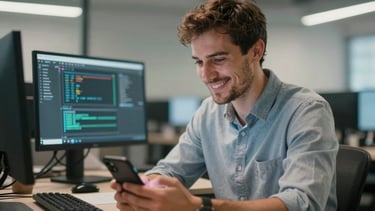Candid shot of a software engineer in an Eastern European office, looking at a mobile device with a satisfied expression, reflecting a successful deployment. Soft cinematic lighting.