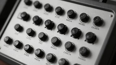 Extreme close-up of a high-contrast black and white physical control panel with sharp mechanical switches and clinical grid layout, harsh studio lighting