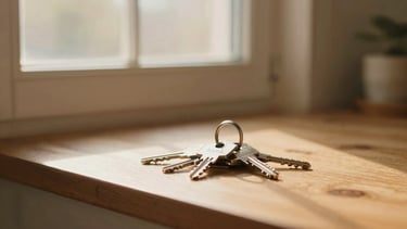 A set of new house keys with a small 'home' keychain resting on a sunlit wooden windowsill, soft focus on a cozy interior background, golden-hour light.