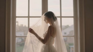 Romantic editorial photography, golden hour window light, wide shot of a delicate bridal veil gently blowing in the wind, light-catching tulle, muted cream and dusty rose tones, shallow depth of field, 35mm film.