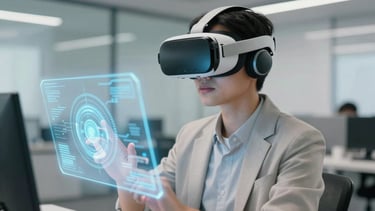 A high-angle, professional photograph of a person in a modern North American office environment using a VR headset. Soft light blue and off-white light illuminates their face as they interact with a glowing, futuristic holographic display. The background is a clean, minimalist tech space with glass partitions and soft focus. Professional, innovative atmosphere.