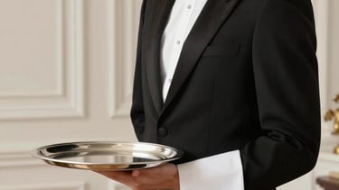 A sophisticated North American indoor scene featuring a professional server in a sharp black tuxedo with a crisp white shirt, holding a polished silver tray. The lighting is soft and elegant, highlighting the clean lines of the uniform against a background of refined off-white architectural details. High-end editorial photography style.