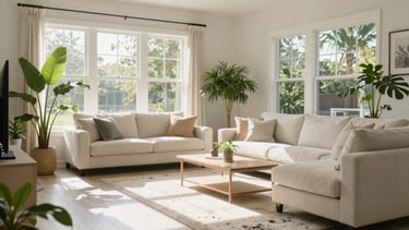 A high-quality professional photograph of a bright, sunlit modern living room in a North American / Floridian home, reflecting a clean and healthy environment after mold remediation. Soft morning light enters through large windows, highlighting fresh green plants and off-white furniture, symbolizing a safe and restored space.
