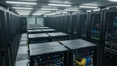 Wide panoramic overhead shot of a dense server room, rows of blade servers receding into the distance under cold fluorescent light, cable management visible in the foreground, no people, documentary cold lighting
