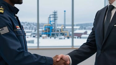 Close-up photography of a professional handshake between a black man in a high-tech naval engineering suit and a blonde man in corporate attire. The background is a minimalist, modern office in Oslo with large windows overlooking a snowy industrial landscape with blue gas infrastructure. Cool azure blue and slate gray lighting. Europeu do Norte / Escandinavo / Russo style.