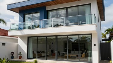 A high-end architectural photograph of a recently completed residential renovation in the Caribbean. The shot features a modern Jamaican home with clean slate-blue accents, large glass panels reflecting a bright sky, and a professional stone driveway in Green Island.