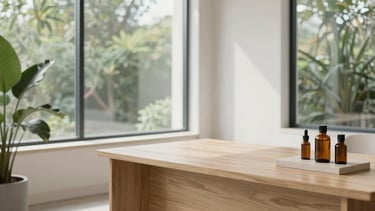 Wide panoramic view of a clean, minimalist consultation room at Apothecary West LLC in Boise, soft natural daylight streaming from large windows, a light wood desk, and a few amber glass bottles on a light stone surface, 35mm lens.