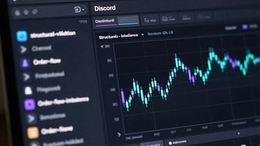 Macro crop of a dark terminal-style Discord interface, clean sidebar with channels like structural-validation and order-flow-imbalance, low-glow cyan and purple accents, high-fidelity candlestick chart visible in the chat pane, dark matte aesthetic, no people.