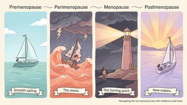 Illustrated metaphor showing four stages of reproductive aging as a sea journey
