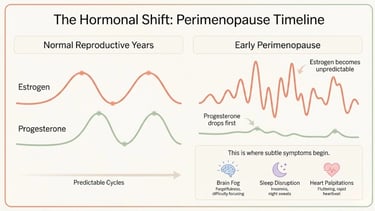 Infographic comparing normal hormone levels to early perimenopause — showing erratic estrogen and declining progesterone