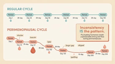 Infographic comparing regular menstrual cycles to irregular perimenopausal cycles 