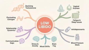 Infographic showing five categories of causes for low libido during perimenopause — hormonal, physical, psychological..