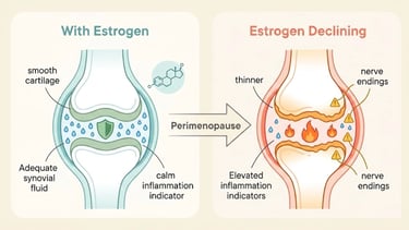 Infographic showing how estrogen decline during perimenopause affects joint health.
