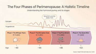 Perimenopause timeline infographic showing four phases from the Whisper Years to postmenopause