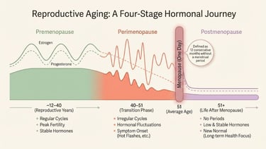 Timeline infographic comparing premenopause, perimenopause, menopause, and postmenopause — with hormone curves