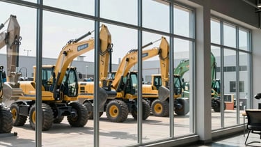 A crisp, high-end commercial photograph of a clean industrial equipment showroom in North American / US. Large glass windows reveal heavy construction machinery parked neatly outside in the sunlight. The interior is modern and professional, with light steel blue and slate gray accents, conveying a sense of expertise and corporate reliability.
