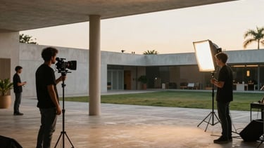A wide shot of a music video production on location in a modern architectural space in Latin America. Warm evening sunlight and professional lighting gear visible.