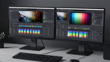 A sleek digital editing suite with dual monitors showing color grading software. The room is dark with subtle light gray ambient lighting. Professional workstation in a creative office.