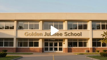 Cinematic wide shot of the Golden Jubilee School building facade during golden hour, a play button overlay in the center, bright editorial photography, 35mm