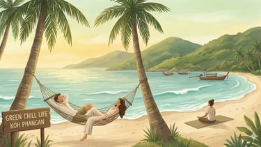 Illustration of a couple in a hammock and a person meditating on a peaceful Koh Phangan beach next to a "Green Chill Life"
