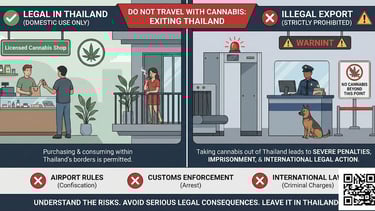 Illustration showing airport rules in Thailand prohibiting cannabis export with customs warning symbols.