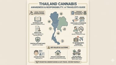 Educational illustration explaining cannabis legality in Thailand for tourists, including rules, public restrictions,