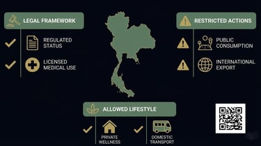 Educational infographic explaining cannabis laws in Thailand for travelers, highlighting legal access, regulations,