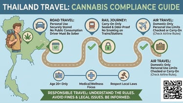 Illustration explaining rules for traveling inside Thailand with cannabis, showing transport icons and legal compliance