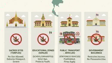 educational infographic showing Thailand landmarks with restriction symbols, including temples