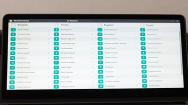 Wide dashboard interface screenshot showing multiple shipment rows with teal status indicators and carrier names listed side by side, clean neutral background, screen fills the frame, clinical daylight lighting