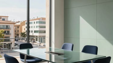 A high-end, modern office interior in the Iberian Peninsula, featuring a minimalist glass meeting table and sophisticated navy blue and sage green accents. Natural sunlight filters through large windows overlooking a contemporary Spanish urban district. Professional, clean, and trustworthy atmosphere.