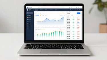 Front-facing premium laptop mockup showing a modern financial dashboard with real-time sales curves, inventory alerts, and transaction history in FCFA, clean bright daylight, minimalist design.