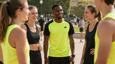 A dynamic group of young active adults wearing sporty outfits with bright yellow details, talking and laughing together in a modern urban park setting in Paris, France. High-quality lifestyle photography, natural afternoon light, community energy.