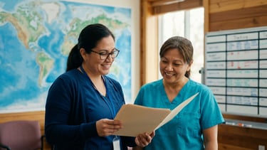 Deux soignantes souriantes examinent les dossiers médicaux des patients.