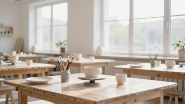 Wide shot of a bright, airy ceramic painting studio with large windows, light wood tables neatly set with brushes and white pottery, morning sun, 35mm