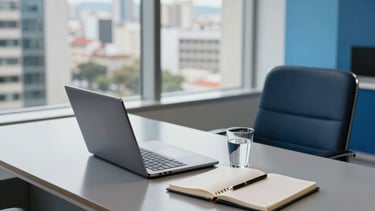 A high-angle professional photograph of a clean, modern office desk in a South American corporate building. A sleek laptop, a notebook, and a glass of water sit on a polished surface. The lighting is bright and natural, reflecting efficiency. Palette accents in steel blue and light blue are visible in the decor. Brazilian urban architecture through a large window.