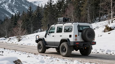 A branded 4x4 field vehicle with surveying equipment mounted, parked on a rugged mountain road in deep snow under crisp natural daylight, showcasing its readiness for challenging deployments. Muted forest tones, sharp focus, 35mm lens.
