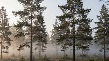 A serene landscape of a Baltic pine forest in the morning mist, representing clarity and a fresh start away from digital noise.