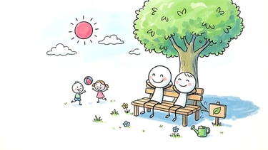 Illustration: Ehepaar auf einer Parkbank im Grünen, Kinder spielen Ball