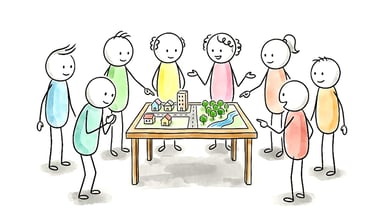 Illustration: Büro Stadtplanung mit Miniaturmodell