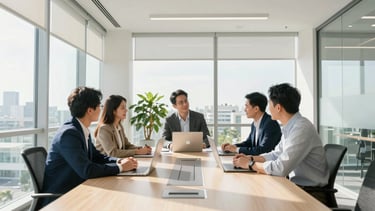 Bright editorial photography of a sunlit, modern collaborative corporate meeting room with glass walls, soft natural daylight, professional Florida setting, 35mm.
