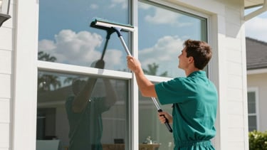 A crisp, sunlit commercial photography shot of a clean North American home exterior in Gainesville, Florida. A professional window technician in a clean teal uniform is methodically cleaning a large, multi-pane window with a squeegee. The glass is incredibly transparent, showing a reflection of bright blue sky and fluffy white clouds. The setting is bright and professional, highlighting modern architecture and a well-maintained garden.
