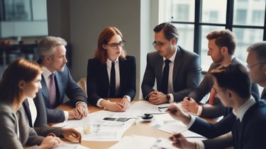A business leader reviewing strategy documents with attentive colleagues